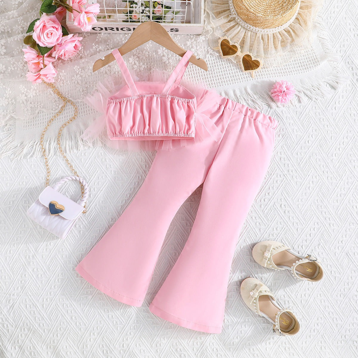 Solid Color Rose Flower Top Mesh + Flared Trousers Fashion Set (Available)