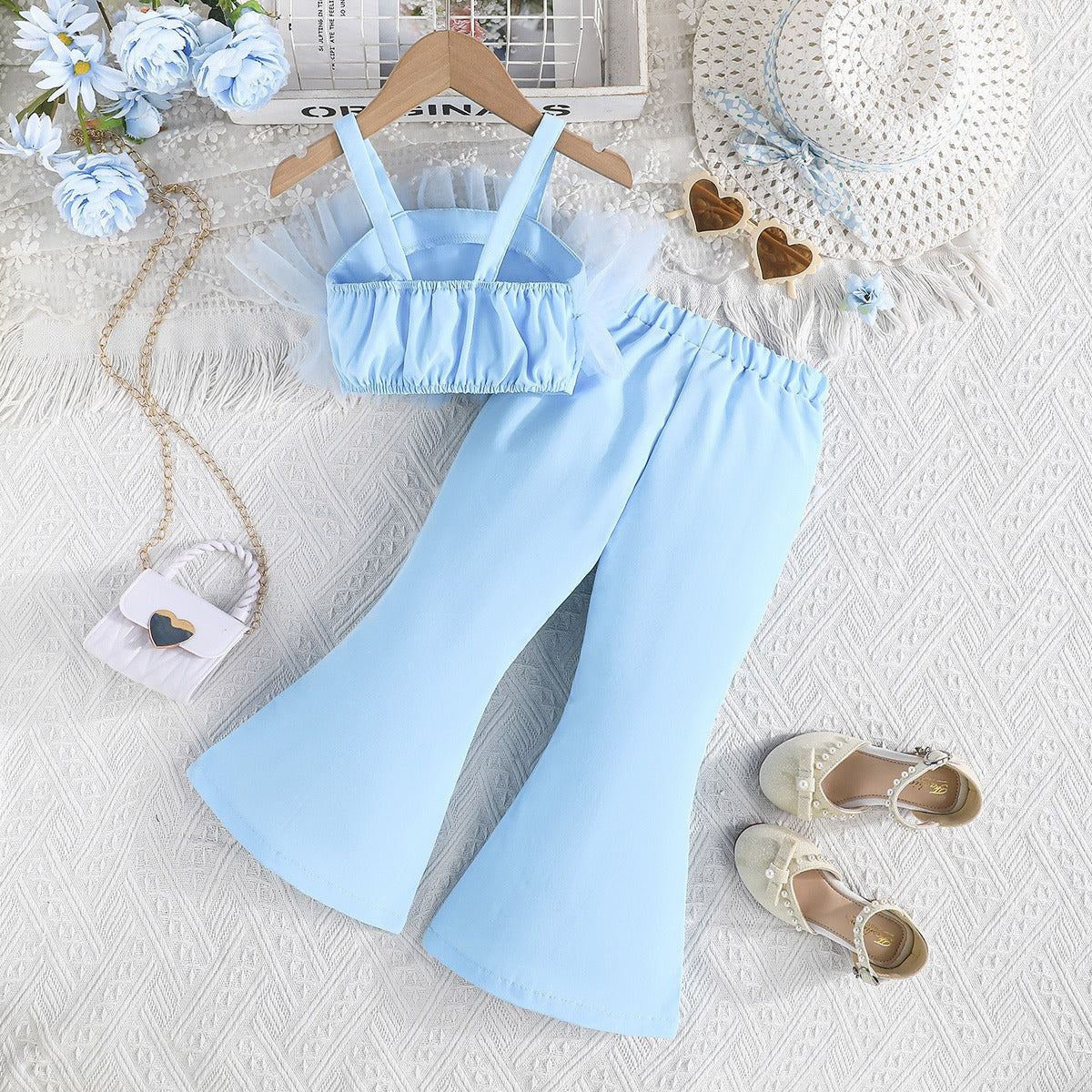 Solid Color Rose Flower Top Mesh + Flared Trousers Fashion Set (Available)