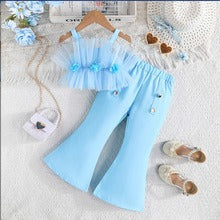 Solid Color Rose Flower Top Mesh + Flared Trousers Fashion Set (Available)