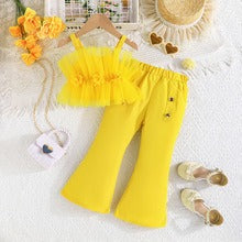 Solid Color Rose Flower Top Mesh + Flared Trousers Fashion Set (Available)