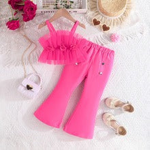 Solid Color Rose Flower Top Mesh + Flared Trousers Fashion Set (Available)