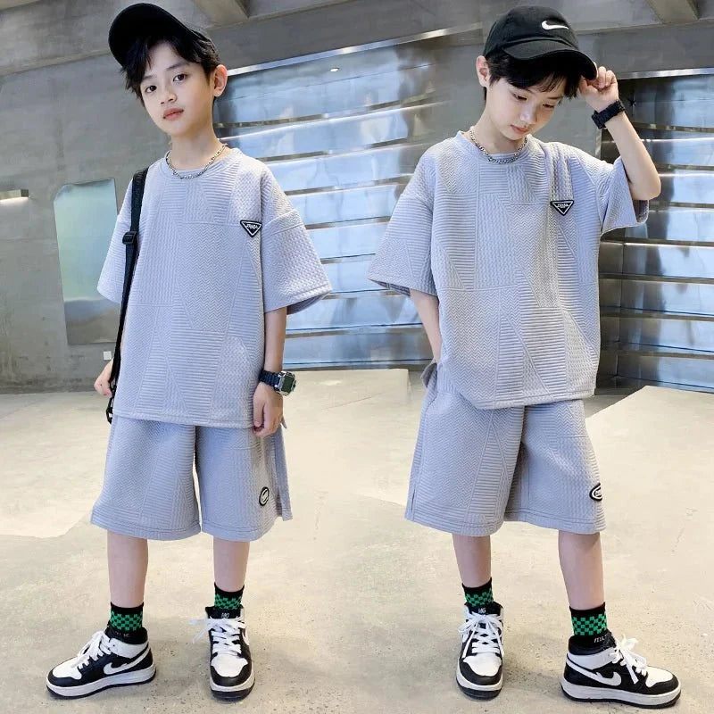 New Teenager Casual Outfits Children Trends Clothes Suits Kids Short Sleeves Tops+Baggy Pants 2Pcs (Available)