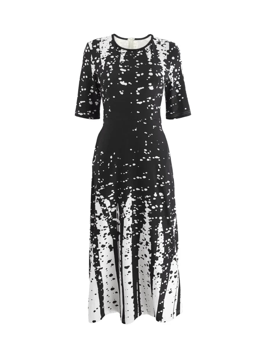 Women's Elegant Party Long Dresses Loose Round Neck Short Sleeves Retro Printed Casual Long Dress (Available) - Mom & Kids